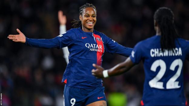 Marie-Antoinette Katoto celebrates a Paris St-Germain goal