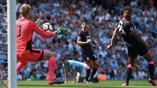 Huddersfield stop a shot by Kevin de Bruyne