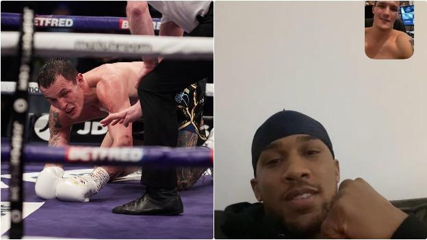 Warrington on the canvas and Anthony Joshua on zoom call