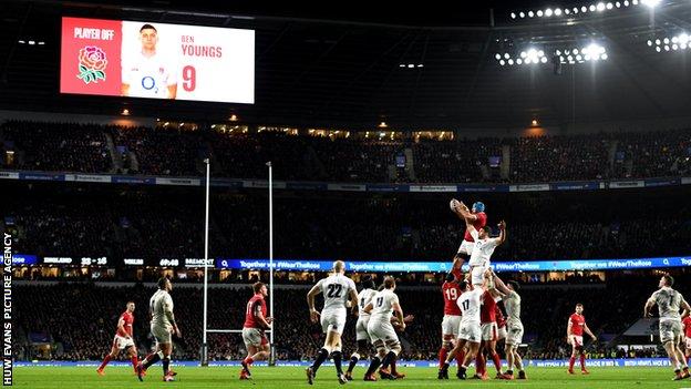 Wales and England in action during the 2020 Six Nations match at Twickenham on 7 March