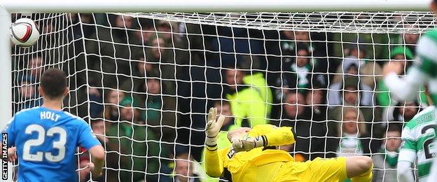 Goalkeeper Craig Gordon can only watch as Barrie McKay's effort hits the net