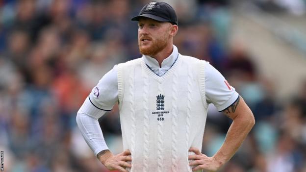 Ben Stokes surveys the country   with hands connected  hips