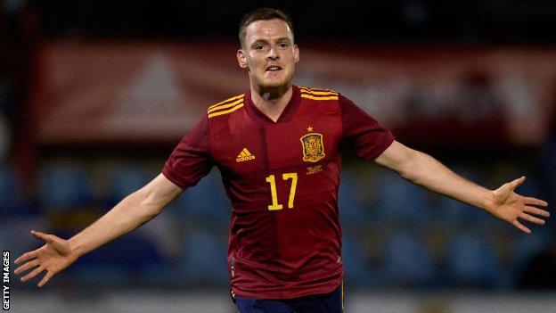 Sergio Gomez celebrates after scoring Spain Under-21's second goal against Lithuania