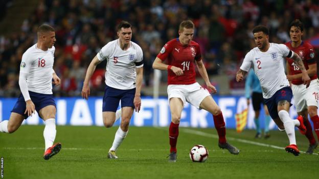 Jakub Jankto, playing for the Czech Republic, is surrounded by three England players during a match at Wembley in 2019