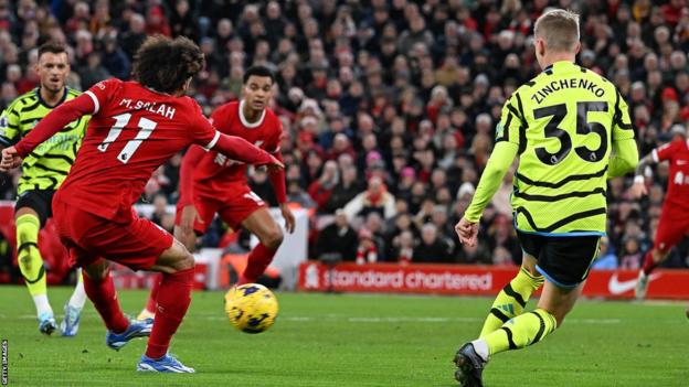 Mohamed Salah of Liverpool scores against Arsenal
