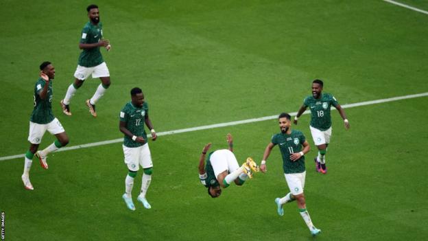 Saudi Arabia celebrating a goal against Argentina