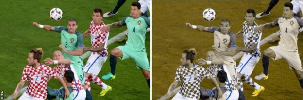 Pepe attacks the ball as Portugal play Croatia