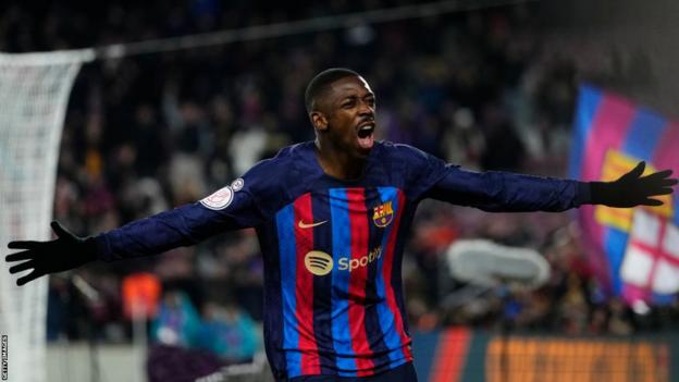 Ousmane Dembele celebrates scoring for Barcelona
