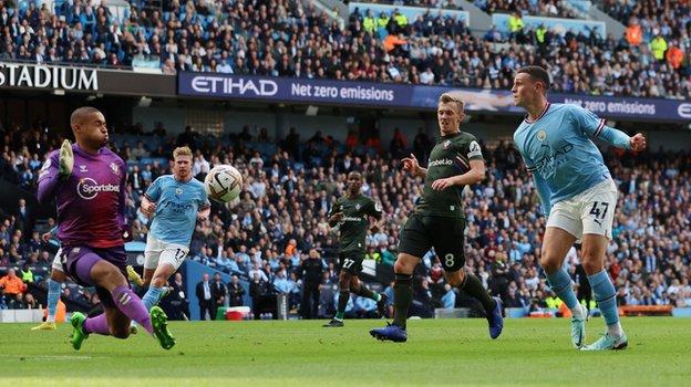 Phil Foden scores Manchester City's second goal against Southampton