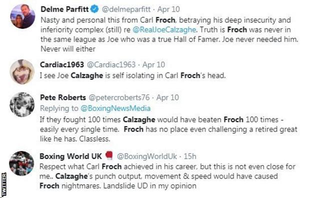 Boxing fans on Twitter react to Carl Froch calling out Joe Calzaghe, with one fan saying Calzaghe would win every time if they fought 100 times.