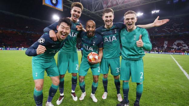Tottenham players celebrate their comeback win over Ajax in the Champions League semi-final in 2019