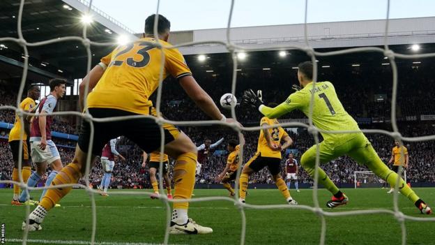 Aston Villa's Moussa Diaby gives them the lead against Wolves in the Premier League