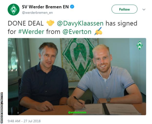 Werder Bremen announce Klaassen's signing on Twitter