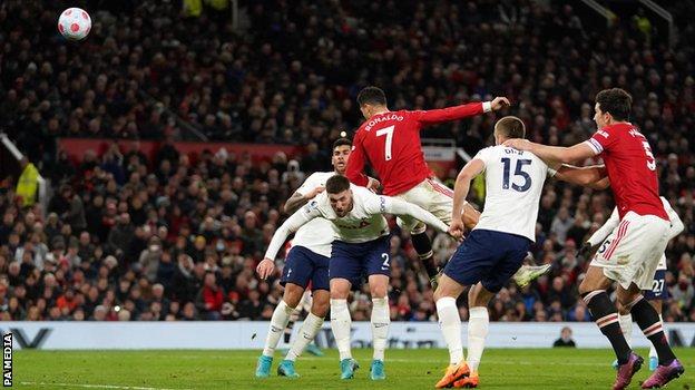 Cristiano Ronaldo's third goal against Tottenham, after 81 minutes when he leapt to head home an Alex Telles corner