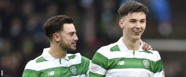 Celtic's Patrick Roberts and Kieran Tierney