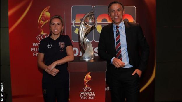 Jordan Nobbs and Phil Neville at the 500 days to Euro 2021 event at Wembley