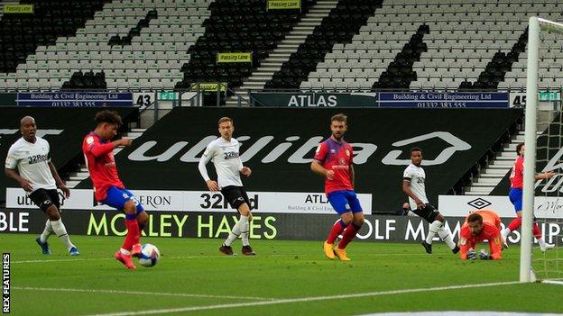 Tyrhys Dolan scores for Blackburn Rovers against Derby County