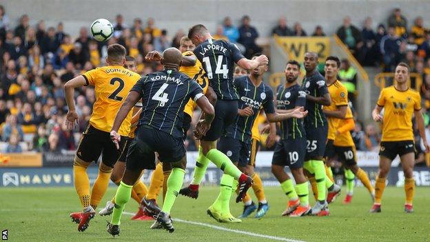 Aymeric Laporte equalises for Manchester City at Wolves