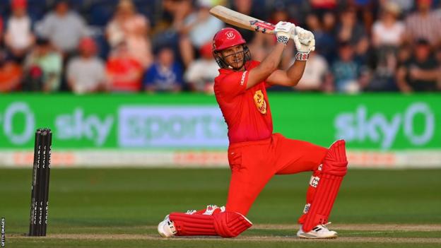 Sam Hain plays a shot for Welsh Fire in the Hundred 2022