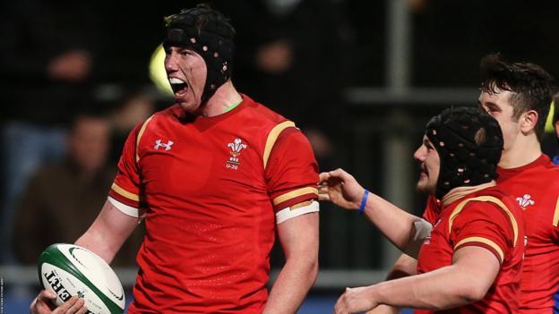 Adam Beard (left) celebrates scoring for Wales Under-20s in their win against Ireland in February 2016
