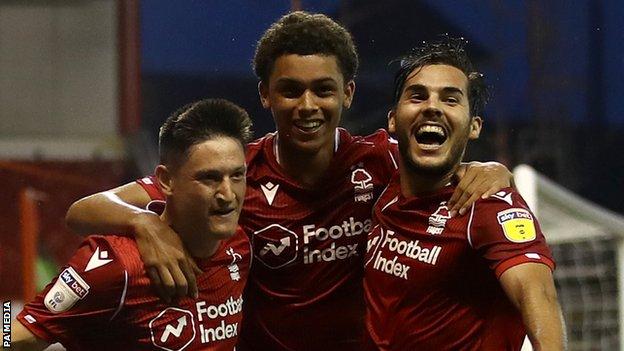 Nottingham Forest's Joe Lolley (left), Brennan Johnson (centre) and Yuri Ribeiro celebrate.