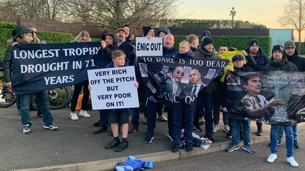Spurs supporters display banners protesting against the club's ownership