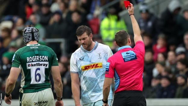 Harlequins captain Stephan Lewies is shown a red card