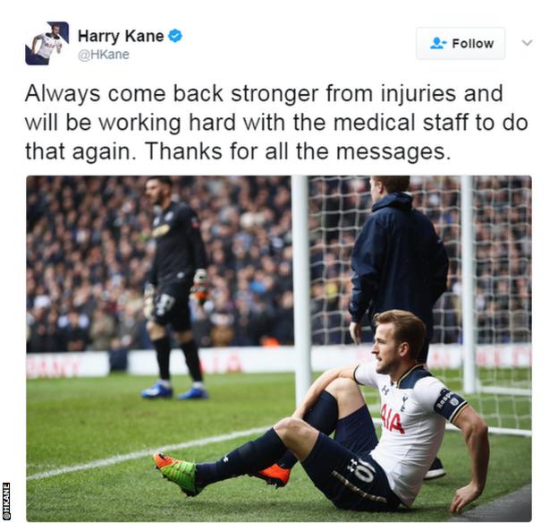 Harry Kane tweeted that he would come back stronger and thanked fans for their messages of support.