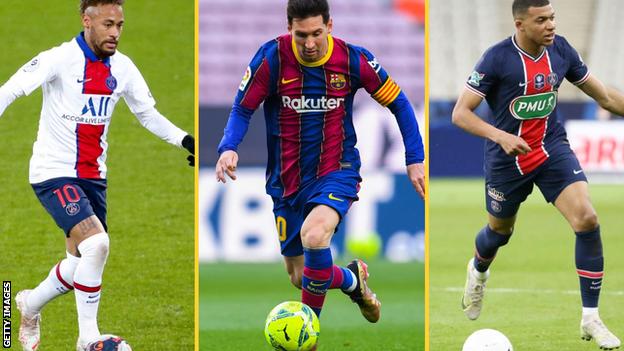 Neymar, Lionel Messi et Kylian Mbappe tous en action