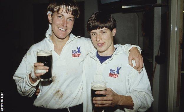 USA players at the women's Rugby World Cup of 1991 drinking pints of Guinness
