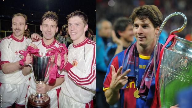 Split picture of Manchester United players celebrating the European Cup Winners' Cup triumph in 1991 and Lionel Messi with the Champions League trophy in 2011