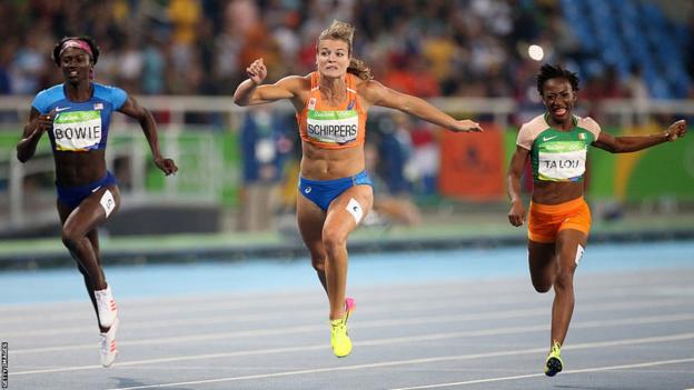 Marie-Josee Ta Lou, Dafne Schippers and Tori Bowie at the 2016 Rio Olympic Games 200m final