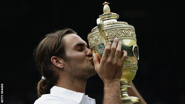 Roger Federer with his first Wimbledon trophy in 2003