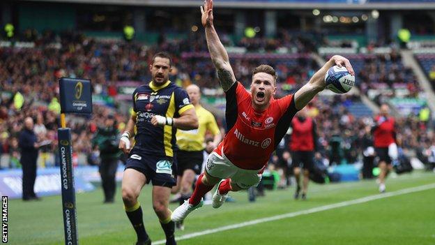 Chris Ashton dives over the line for Saracens' first try of the final