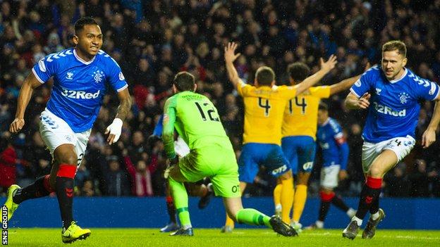 Alfredo Morelos (left) came off the bench to score the only goal at Ibrox