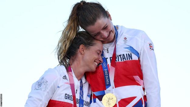 Eilidh McIntyre (left) and Hannah Mills (right) of Team Great Britain competing in the Women's 470 class at the Tokyo 2020 Olympic Games.