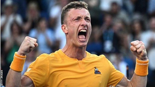 Jiri Lehecka celebrates beating Cameron Norrie at the Australian Open