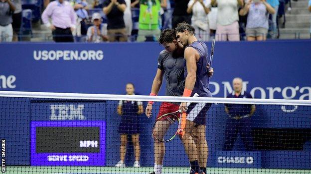 Rafael Nadal consoles Dominic Thiem after their quarter-final