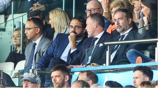 Leeds United vice chairman Paraag Marathe, director of football Victor Orta, CEO Angus Kinnear and executive director Paul Bell watch a match