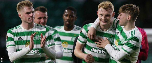 Celtic's Stephen Welsh, Liam Scales and Adam Montgomery celebrate against Real Betis