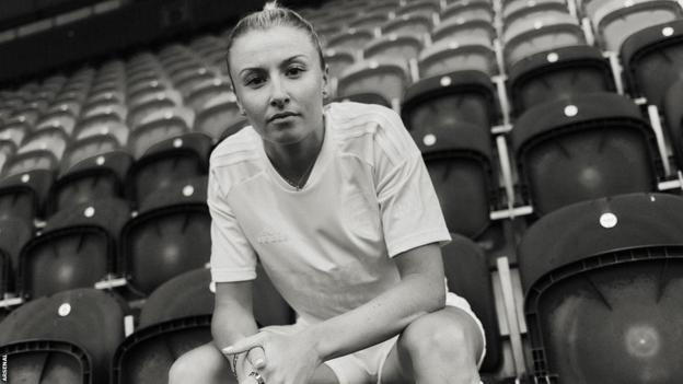 Arsenal captain Leah Williamson models the shirt