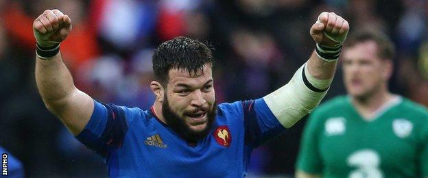 France replacement prop Rabah Slimani celebrates after France's narrow win over Ireland