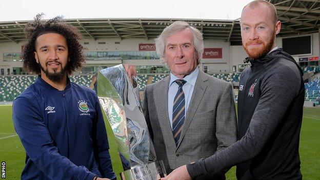 Linfield's Bastien Hery, Pat Jennings OBE and Dundalk's Chris Shields at the Unite the Union Champions Cup launch at Windsor Park