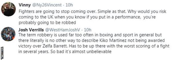 Fans on Twitter criticise the judges' scorecard in the fight between Zelfa Barrett and Kiko Martinez, with one fan saying it's 