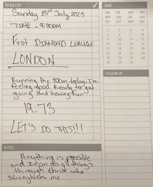 Zharnel Hughes tweeted an image of a note in which he predicted his 200m British record