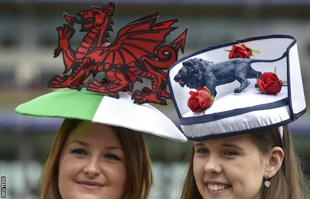 Women wear Wales and England hats at Ascot