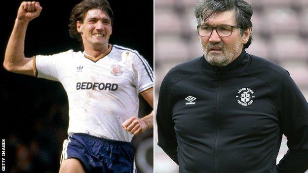 Mick Harford during his time as a player (left) and in his current role as Luton assistant manager