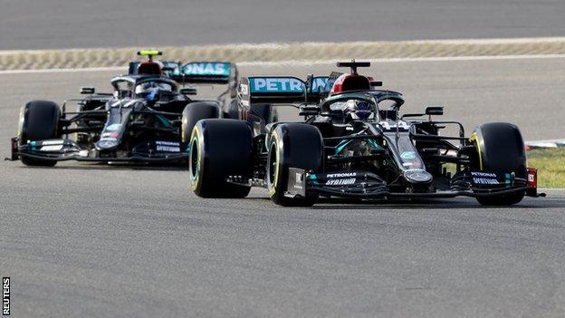 Lewis Hamilton and Valterri Bottas on track at the Nurburgring