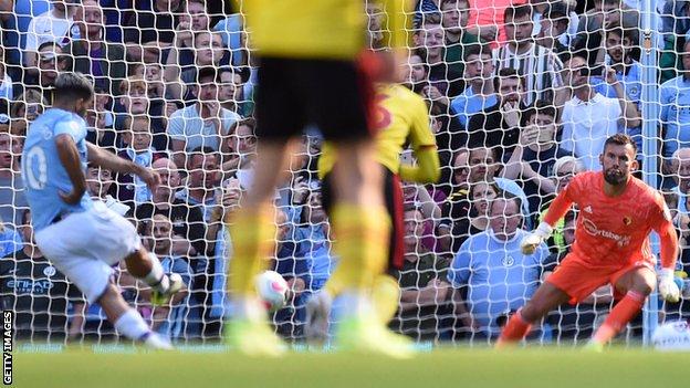 Aguero slammed his penalty down the middle and has now scored in every game he has played this season
