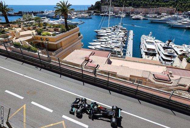 Valtteri Bottas of Mercedes drives around the Monaco track